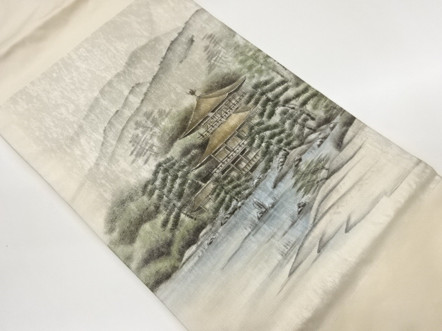 JAPANESE NAGOYA OBI / HAND PAINTED / KINKAKU TEMPLE / ARTIST WORK